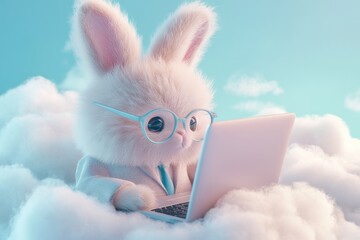 Wall Mural - A fluffy bunny in a suit and glasses works on a laptop amidst clouds.