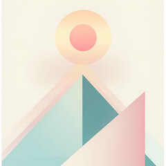 Poster - Geometric Sunrise: A minimalist design featuring abstract geometric shapes suggesting a mountain range beneath a pastel sun, rendered in a clean and modern style. 