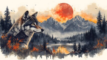 Poster - Captivating sketch featuring a wolfs expressive face looking left harmoniously integrated into a peaceful scene of mountains evergreen trees and a serene night sky with a bright full moon