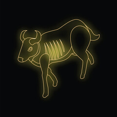 Poster - Neon glowing yellow wildebeest outline on a black background representing african wildlife, safari adventures, and exotic travel destinations