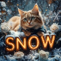 Poster - Captivating winter scene with glowing SNOW letters in iceblue decorated with snowflakes and frosty white roses A cat in a scarf happily sprawls on the letters sparkling snowflakes around
