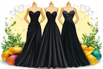 Three elegant black evening gowns displayed on mannequins, surrounded by colorful fabric rolls and decorative greenery.