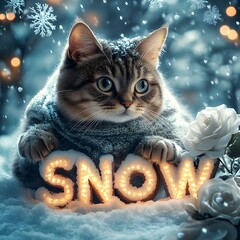 Poster - Captivating winter scene with glowing SNOW letters in iceblue decorated with snowflakes and frosty white roses A cat in a scarf happily sprawls on the letters sparkling snowflakes around