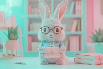 Wall Mural - A cute, fluffy bunny in glasses holds a briefcase, sitting at a pastel desk.