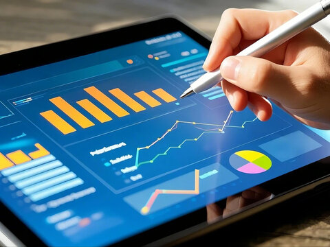 Graphical representation of consumer survey results on tablet screen, featuring charts and graphs, All data on the Footage are Fictional