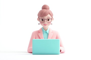 Wall Mural - A cheerful 3D cartoon woman with glasses works on a teal laptop.