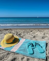 Wall Mural - A vibrant beach scene featuring a straw hat and flip-flops on a colorful towel, with calm turquoise waters and clear blue skies in the background.