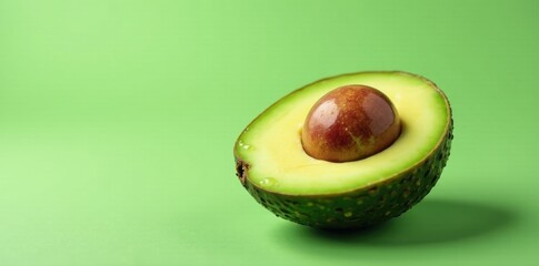 Sticker - A Single Halved Avocado with Visible Pit Resting on a Vibrant Green Background