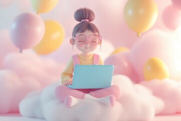 Wall Mural - Cute girl with glasses works on laptop amidst pastel balloons and clouds.