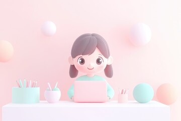 Wall Mural - Cute cartoon girl using laptop, surrounded by pastel stationery and spheres in a pink room.