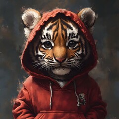 Poster - Charming baby tiger wearing a red hoodie illustrated in a watercolor style with deep dark colors and 3D textures highlighting its playful demeanor and detailed fur patterns