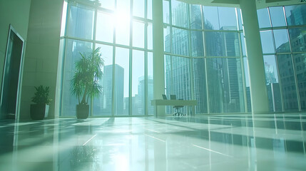 Poster - Modern office, city view, sunlight, plants, workspace