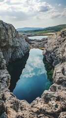 Wall Mural - Serene coastal waters reflect sky and surrounding rocky landscape in a tranquil location