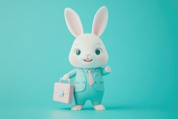 Wall Mural - Cute cartoon rabbit in a teal suit holding a pink briefcase against a turquoise background.