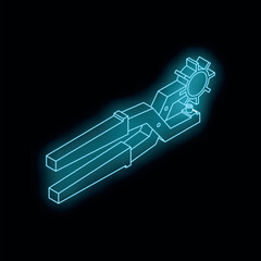 Poster - Neon glowing riveting pliers with rotating head on black background, isometric view