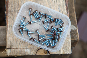 Wall Mural - A container of screws sits on a wooden surface