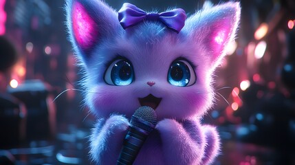 Poster - Charming hyperrealistic image of Jigglypuff adorned with a purple bow and tutu singing on stage Her large blue eyes shine as she dances with a mic enveloped in a magical atmosphere