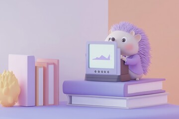 Wall Mural - Cute hedgehog analyzing data on a computer screen placed on a stack of books in a pastel-colored room.