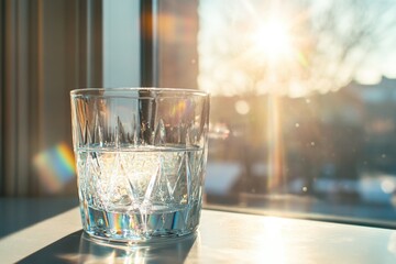 Wall Mural - A glass of water sits on a windowsill, bathed in the warm glow of the setting sun.