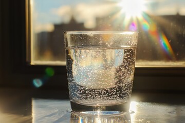 Wall Mural - A glass of sparkling water sits on a windowsill, backlit by a bright sun, creating a rainbow effect.