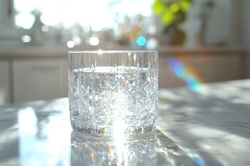 Wall Mural - A crystal glass filled with sparkling water sits on a marble surface, illuminated by sunlight creating a beautiful rainbow effect.