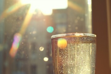 Wall Mural - Sunlit glass of sparkling water, bubbles dancing in the golden light of a window.