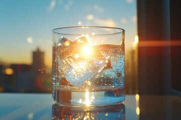 Wall Mural - A glass of sparkling water with ice cubes, backlit by the setting sun, creating a warm and inviting atmosphere.