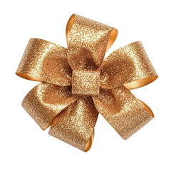 Poster - A golden glitter ribbon bow, tied in a decorative knot, isolated on a black background.