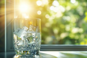 Wall Mural - Refreshing glass of iced water on a sunny day, near a window with a blurred green background.