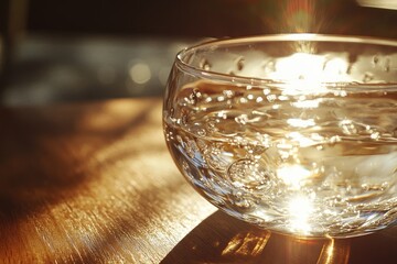 Wall Mural - Sunlight illuminates a glass of sparkling water, creating a mesmerizing display of light and bubbles on a wooden surface.