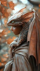 Poster - Charming scene of a small dragon perched on a mage's shoulder its iridescent scales glimmering softly in the light while the mage's flowing robes hint at their magical aura and companionship