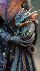 Poster - Charming scene of a small dragon perched on a mage's shoulder its iridescent scales glimmering softly in the light while the mage's flowing robes hint at their magical aura and companionship