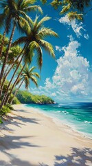 Wall Mural - Vibrant tropical beach with palm trees and clear blue sky in a peaceful coastal setting