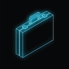 Poster - Neon blue briefcase glowing on black background representing business, finance, and work