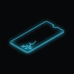 Poster - Neon blue isometric view of a broken smartphone screen showing cracks on a black background