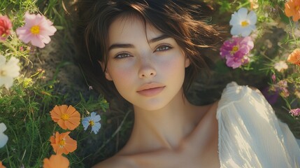 Wall Mural - Young woman relaxing among colorful flowers in a lush garden setting during sunny weather