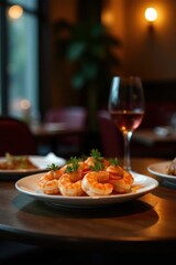 Wall Mural - Deliciously prepared shrimp appetizer served on a plate, accompanied by a glass of rose wine, set on a restaurant table.