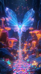 Poster - Cinematic image of a bioluminescent being with blue eyes translucent wings and an enchanting glow as it moves through a colorful mandala surrounded by giant mushrooms and rainbow neon lights