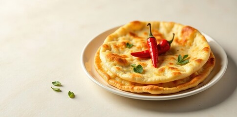 Wall Mural - Golden Brown Flatbreads with Spicy Red Peppers and Fresh Herbs on a Plate