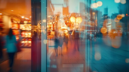 Canvas Print - A bustling urban shopping street is blurred, highlighting the vibrant, lively atmosphere and the constant motion of daily city life.