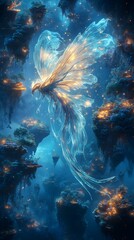 Poster - Cinematic photograph of ethereal being of light featuring Gothic bioluminescent creature large translucent wings shimmering tendrils drifting through dimensions surrounded by vibrant floating islands