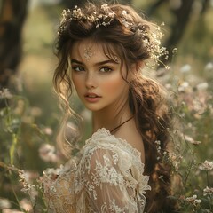 Fototapete - Closeup of a brownhaired fairy in a delicate lace gown standing amidst a field of flowers in a magical glade with majestic dark trees towering around her radiating a whimsical charm