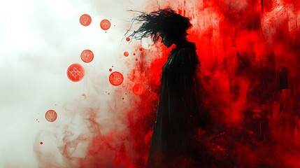 Poster - Closeup of a gothic woman in a wheel pose amidst inkblot bubbles in vermillion and dark red Smoke surrounds her with geometric walls and neon symbols merging into an abstract artistic scene