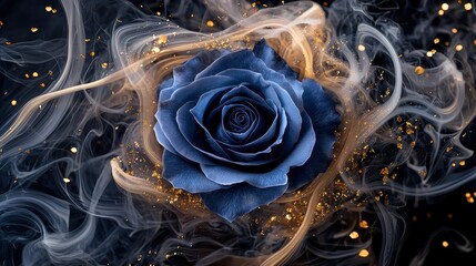 Poster - Mystical Blue Rose Surrounded by Swirling Golden Smoke and Ethereal Light in Dark Background