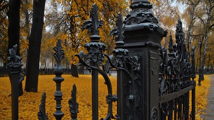 Canvas Print - Ornate Black Iron Fence Autumn Leaves Park