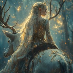 Poster - Closeup of an elf in a starry dress riding a grand stag with impressive antlers through the moonlit world of Rivendell Rich pastel colors highlight the magical atmosphere and dramatic shadows