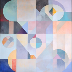 Poster - Geometric Harmony: An abstract geometric painting composed of interlocking shapes and soft pastel colors, creating a visual symphony of balance and form.
