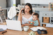 © Nina Lawrenson/peopleimages.com - Laptop, baby or mom with phone call or stress for remote work, freelance client or business in home. Online, worried or frustrated mother juggling parenting task for deadline, talking or multitasking