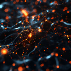 Fototapete - Neural Network Visualization: An abstract representation of a neural network, with interconnected nodes and flowing pathways of data, rendered in a mesmerizing display of light and shadow. 