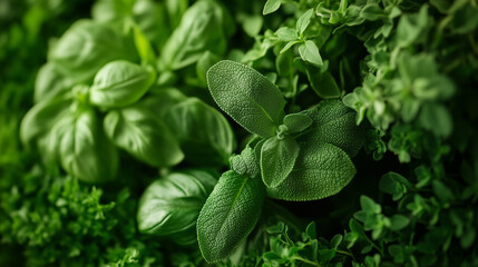 Green Leaves and Herbs Bokeh background. green vegetarian food. healthy food background